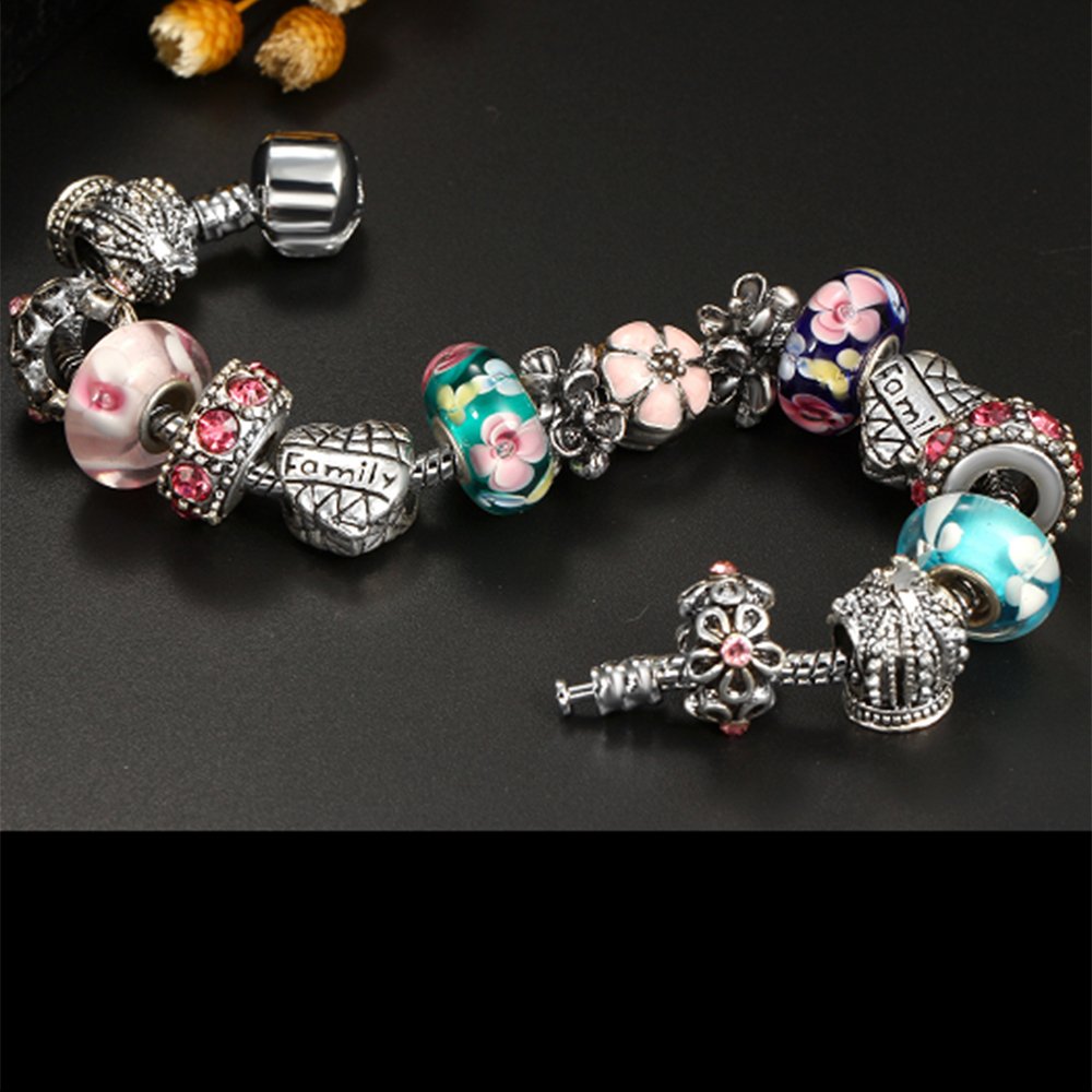 YYcharm Love Heart Crystal Beads Peach Blossom Silver Plated Family Charm Bracelet Bangle for Women Jewelry Gift