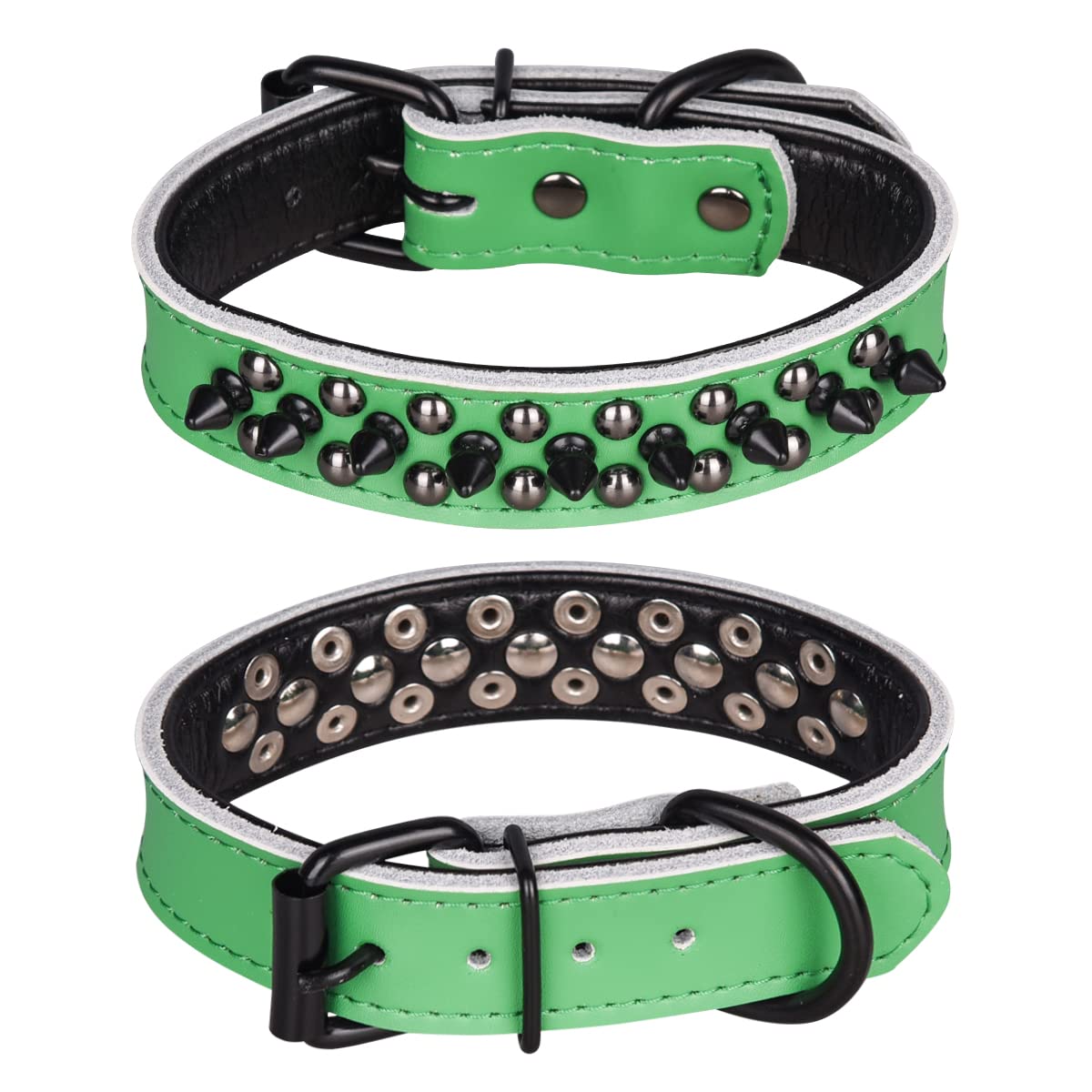 haoyueer Spiked Studded Dog Collar, Genuine Leather Dog Collar, Adjustable Pet Collars for Medium Large Bulldog Pitbull Mastiff Poodle Boxer (S, Green-1)