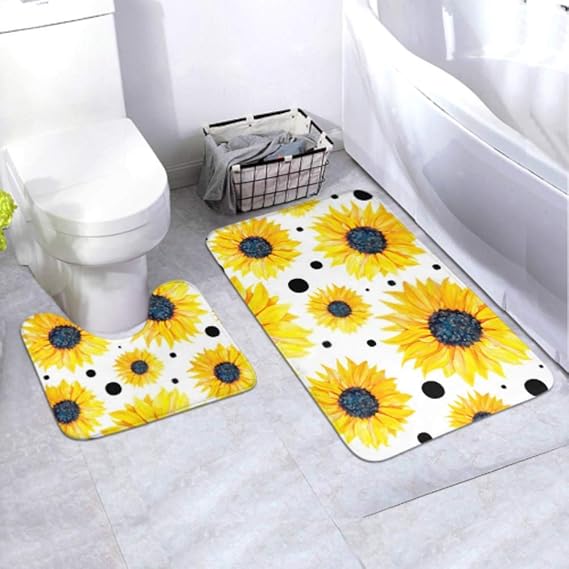 Bath Mat Set Pattern Yellow Sunflowers On White Background 2 Piece Area