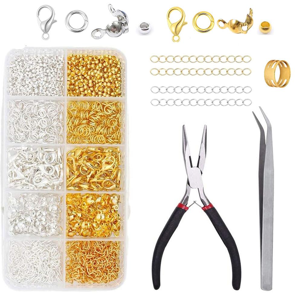 Bmeigo 583pcs Jewellery Making Kit Gold Silver, Lobster Clasps, Open Jump Rings, Crimp Ends, Extended Chains, Spacer Beads, Jump Ring Opener, Pliers, Clamp for Bracelets Necklaces Making Crafts DIY