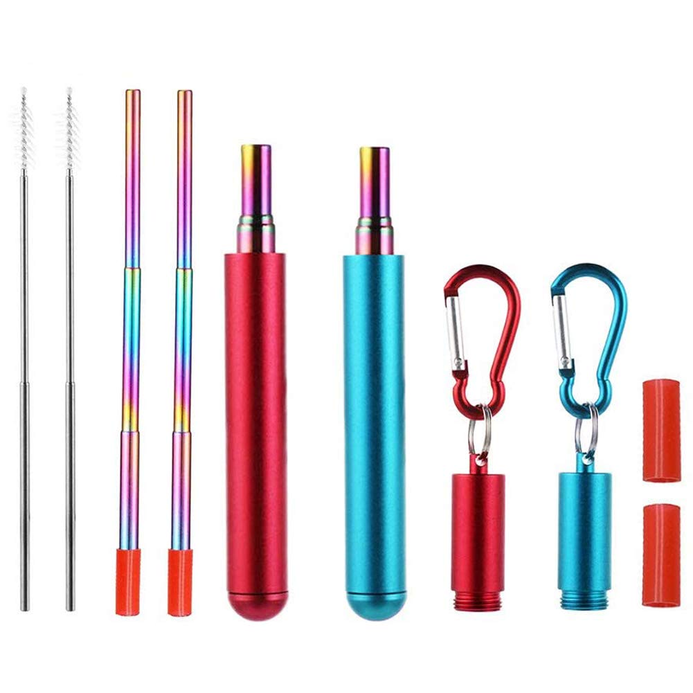 RZJZGZ 2 Pack Telescopic Reusable Straw, Collapsible Stainless Steel Straws, Portable Metal Drinking Straws with Aluminum Key-Ring Case & Cleaning Brush for Travel, Home, Work (Red and Blue)
