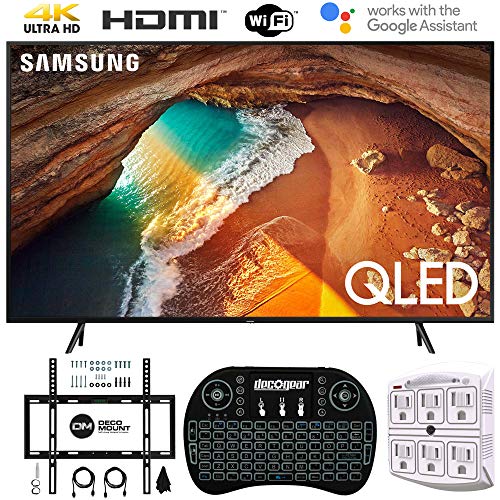 Samsung QN82Q60RA 82″ Q60 QLED Smart 4K UHD TV (2019 Model) (Renewed) w/Flat Wall Mount Kit Bundle for 45-90 TVs + 2.4GHz Wireless Backlit Keyboard Smart Remote + 6-Outlet Surge Adapter