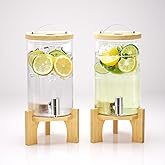 VOVUVK 1.2 Gallon Glass Drink Dispenser For Parties, Beverage Dispenser With Bamboo Wood Stand And Stainless Steel Spigot, Countertop Water Dispenser, Lemonade Dispenser For Wedding, Picnic (2PACK)