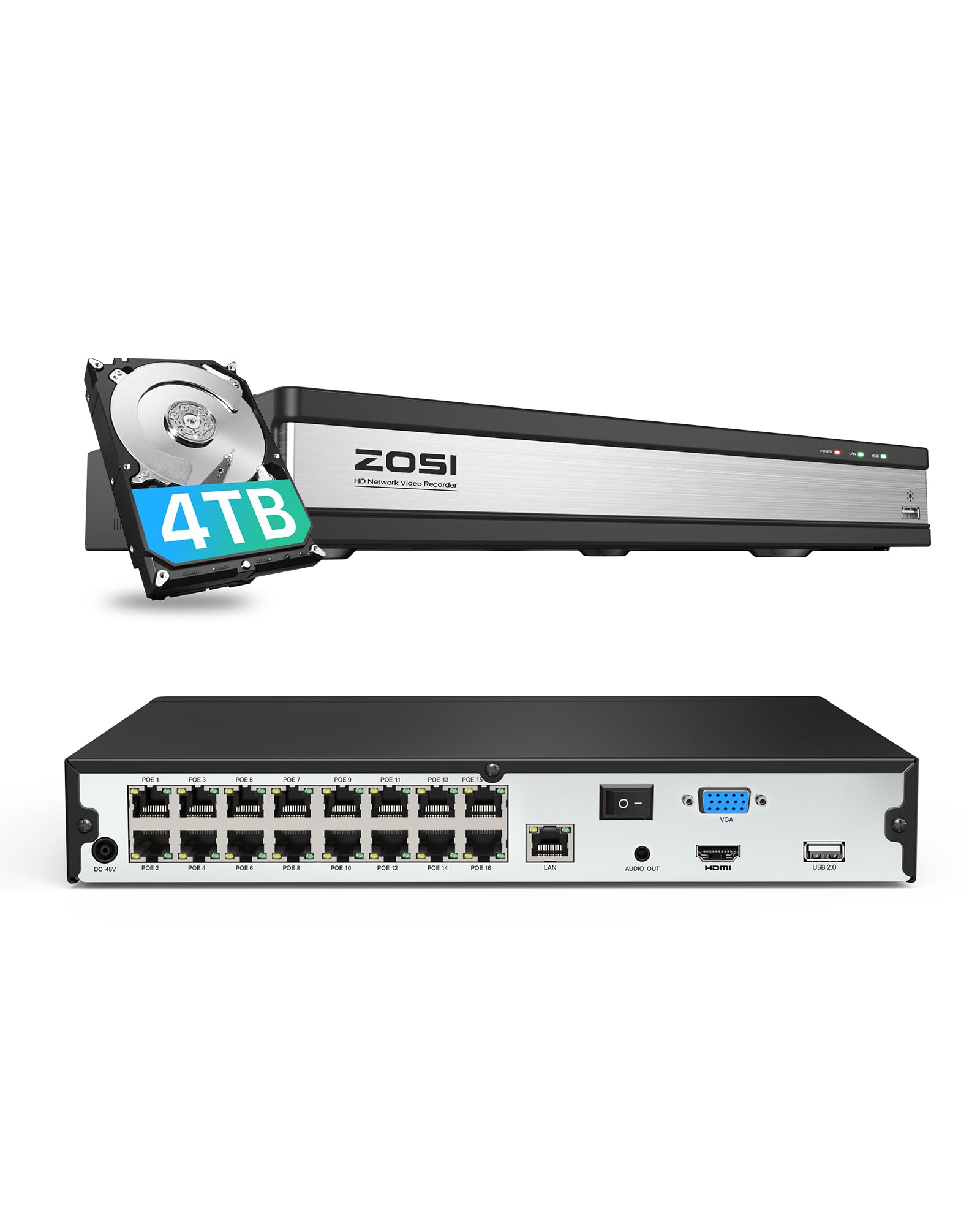 ZOSI 16CH 4K POE NVR, 16 Channel H.265+ Network Video Recorder, Pre-Installed 4TB Hard Drive, Work with ZOSI 4K/5MP PoE Cameras, Home Security Surveillance NVR Recorder, 24/7 Recording