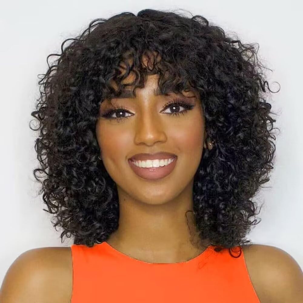 Short Bob Curly Human Hair Wigs With Bangs 100% Brazilian Real Human Hair Wig For Black Women 12 Inch Bob Wigs Glueless kinky Curly Machine Made None Lace Front Wig Natural Black