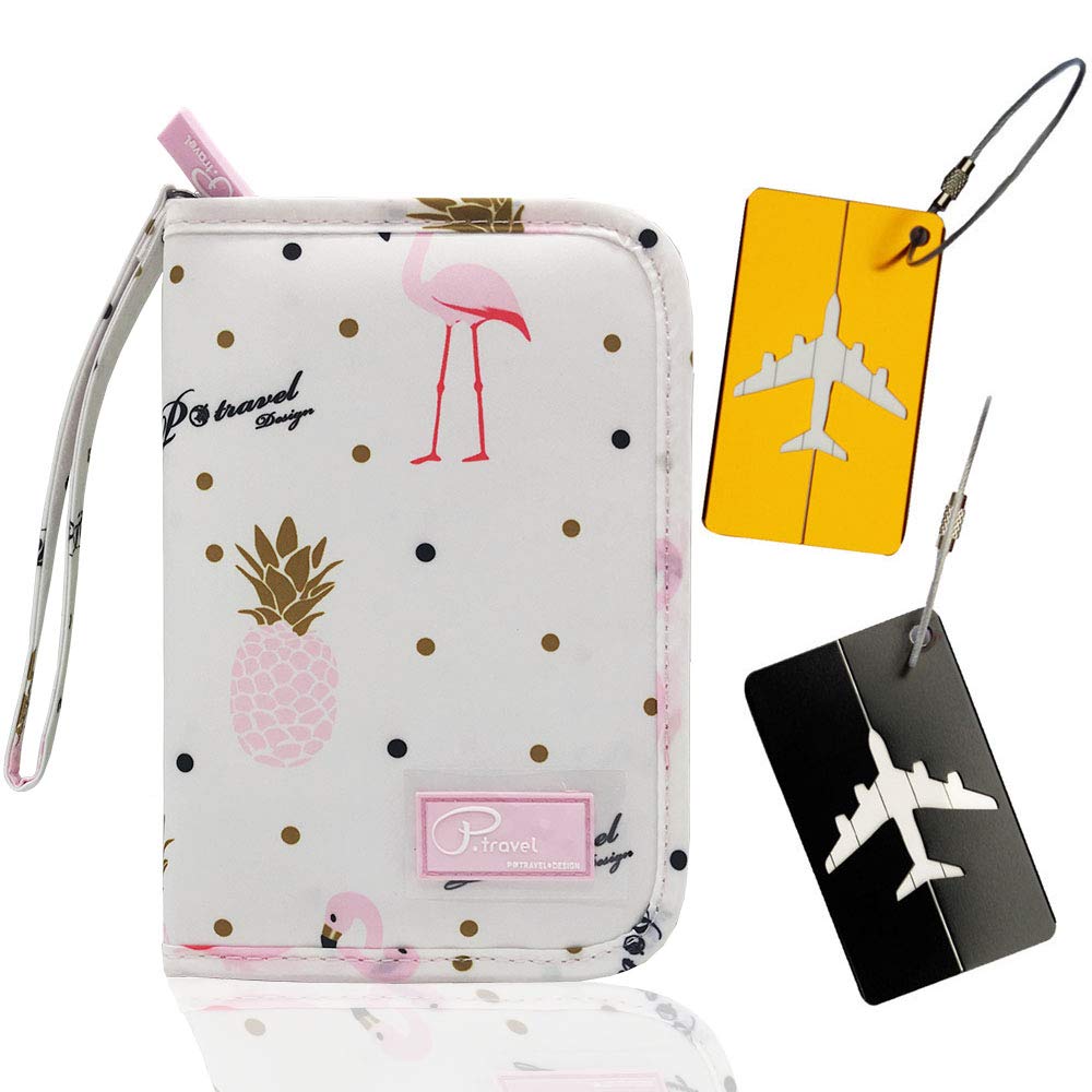 Travel Wallet Passport Holder,Family Document Card Case with Zip Closure,Boarding Passes Credit ID Cards Bag+2 Luggage Tags （3 Pack） (Pink Flamingo)