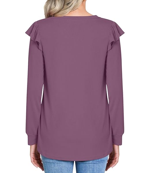 ADDTOO WOMEN’S FALL TUNIC TOPS CASUAL RUFFLE SLEEVE TSHIRT PURPLE V NECK BLOUSE M