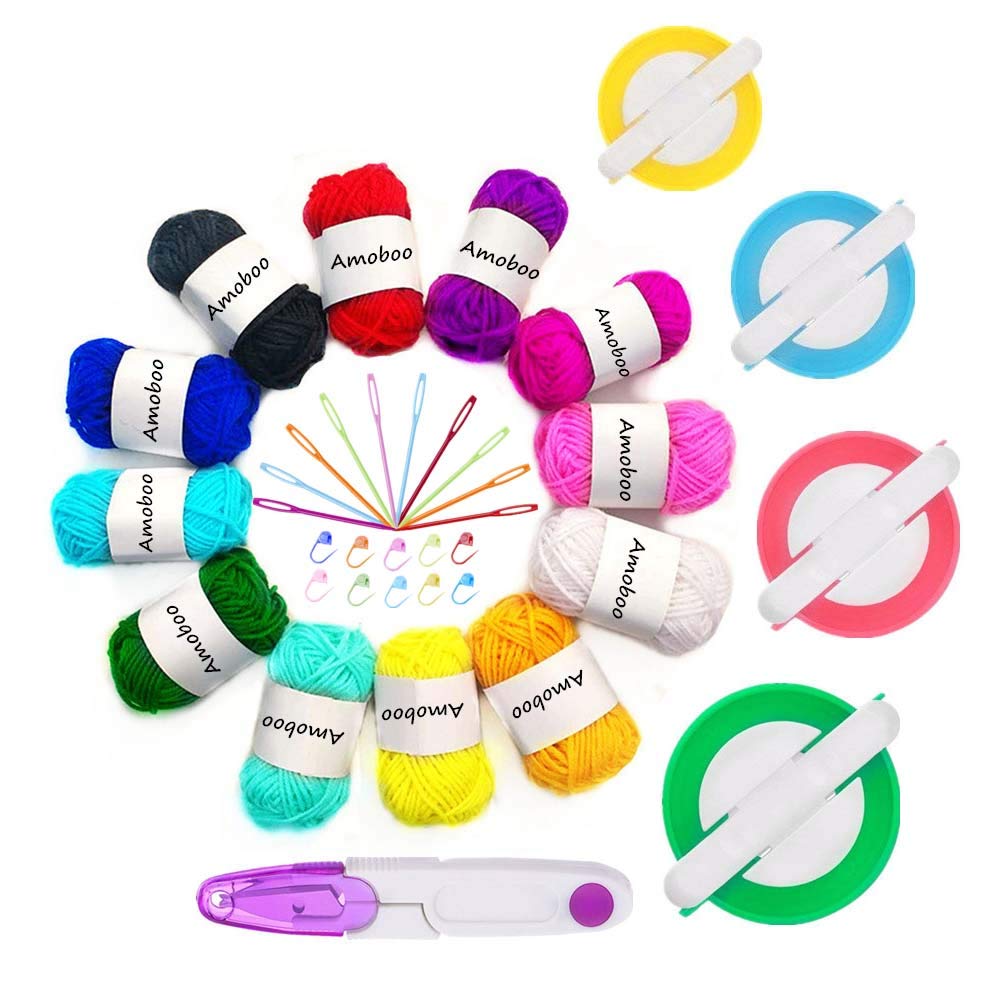 Pompom Makers, 4 Sizes Fluff Ball Weaver Needle PomPom Maker Sets-DIY Pompoms Craft Doll Making Kits Contain 12pcs Yarn + 1pcs Scissors + 10pcs Knitting Stitch Markers + 10pcs Plastic Needless (37)