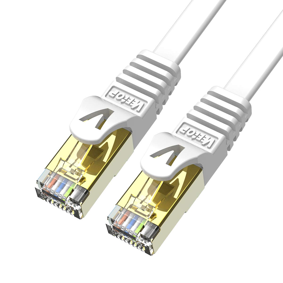Veetop 2m 2Pack Flat Cat7 Ethernet Cables High Speed 10Gbps RJ45 Network Ethernet Cable with STP Copper Wires Shielded & Gold Plated Connector for Router Modem(White)