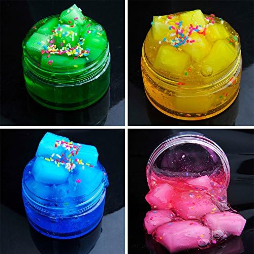 HSETIY Amazing Jelly Cube Slime Pack（4 in 1，each 2.5oz）,Super Stress Reliever,Scented Slime Toy,Comes With Blue,Yellow,Pink,Green.