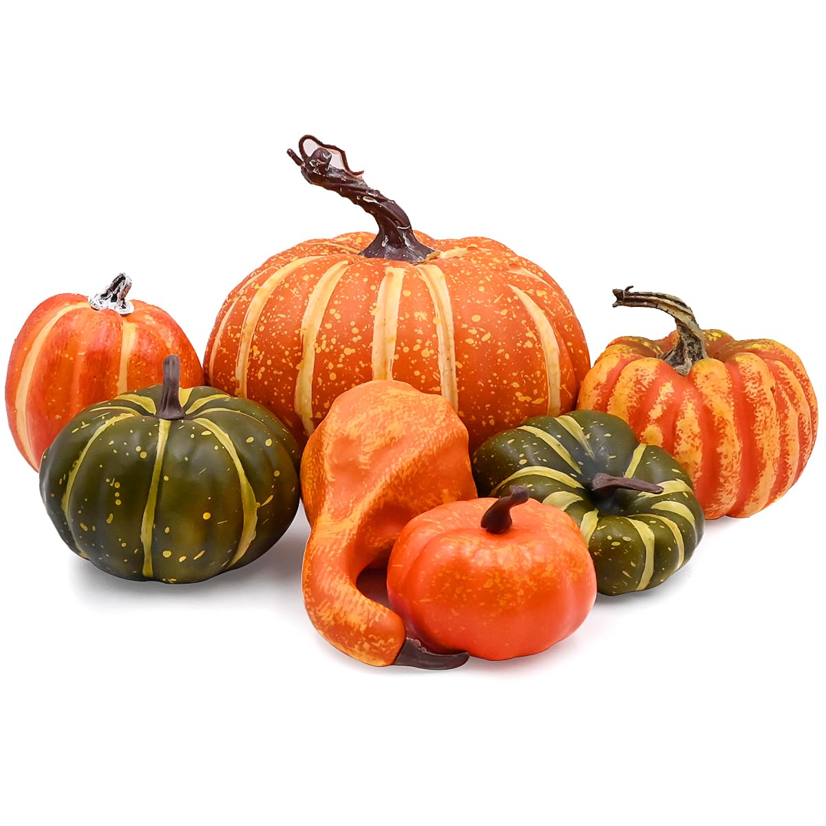 ADQUATOR 7pcs Orange and Green Artificial Pumpkins,Autumn Decoration Fake Pumpkins for Thanksgiving Halloween Christmas Festival Decorations