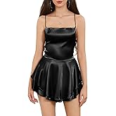 Nicoxijia Women's Sexy Backless Short Romper Satin Dress Cowl Neck Tie Ruffle Layer Spaghetti Strap Jumpsuit Beach Mini Dress
