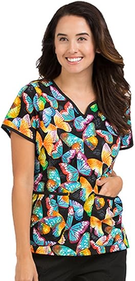 Peaches Uniforms Women S Natasha Notch Neck Butterfly Print Scrub Top Small Print Clothing Amazon Com