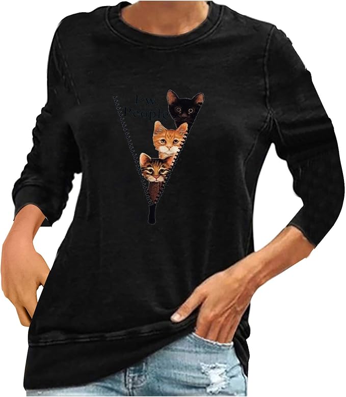 Women's Casual Tops Cat Print TShirt Casual Crewneck Long Sleeve Soft