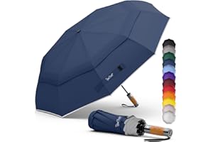 Royal Walk Windproof Folding Travel Umbrella Compact and Strong Luxurious Real Wood Handle Automatic Open Close Vented Double Canopy for Men and Women