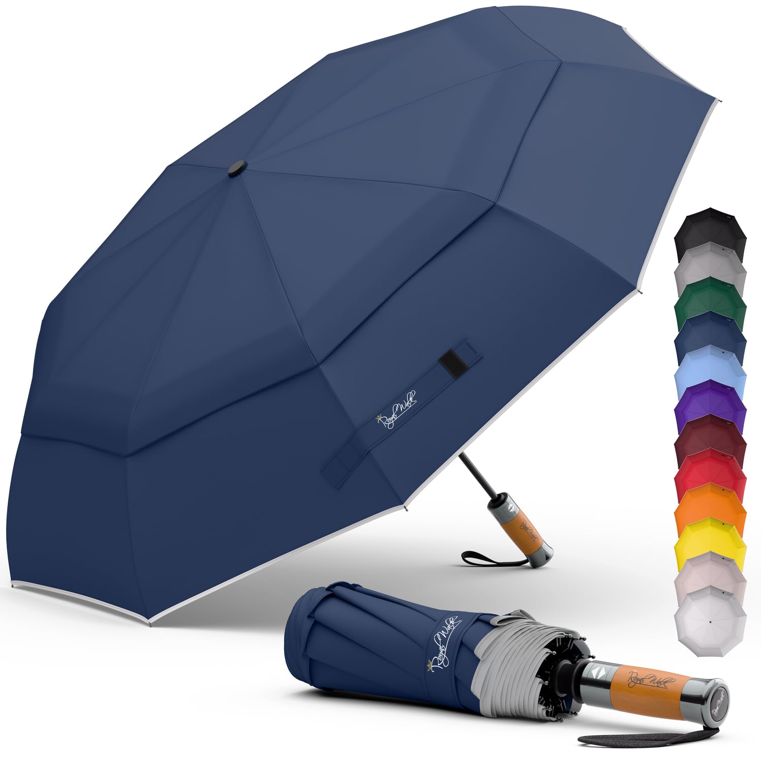 Royal Walk Windproof Folding Travel Umbrella Compact and Strong Luxurious Real Wood Handle Automatic Open Close Vented Double Canopy for Men and Women (Dark Blue) — image 1