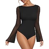MANGOPOP Women's Boat Neck Bell Sleeve Bodysuit Sexy Sheer Mesh Double Lined Body Suits Going Out Fall Tops 2025
