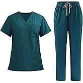 VICOGARD Scrubs Set for Women Medical Uniform–Stretch V-Neck Top & Straight Leg Pants with 9 Pockets for Nurse Workwear