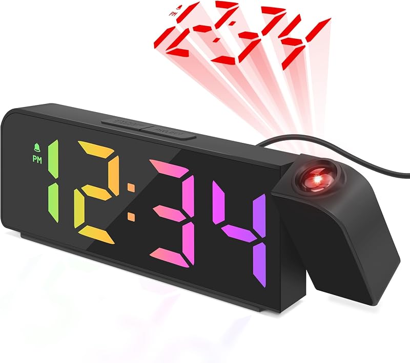 Luckits LED Digital Projection Alarm Clock 180 Rotatable Projector Dimmer Black