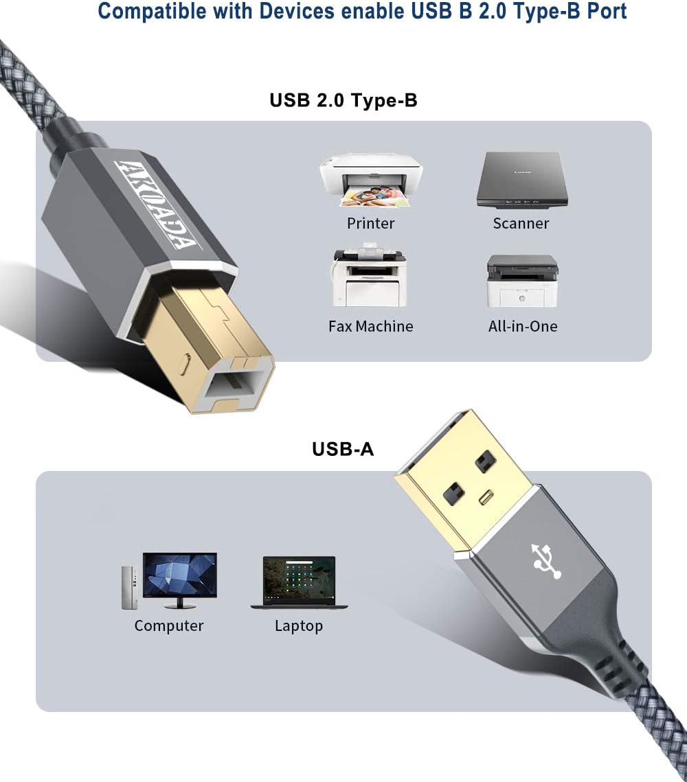 USB 2.0 Printer Cable 6.6ft，Akoada USB Type A Male to B Male Printer Scanner Cord High Speed Compatible with HP, Canon, Dell, Epson, Lexmark, Xerox, Samsung and More: Industrial & Scientific