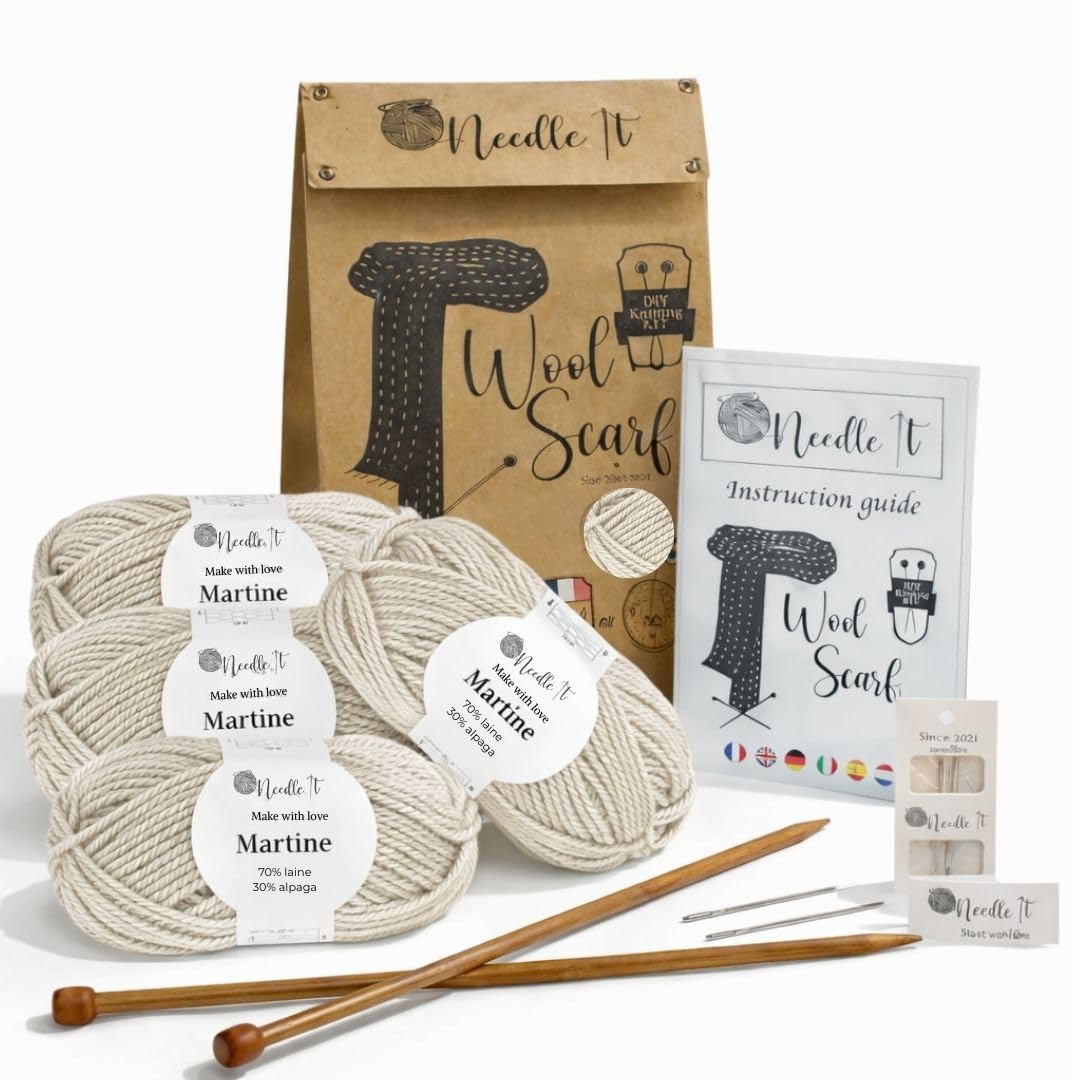 Needle It Beginner Knitting Kit Complete with Knitting Needles - Wool Scarf for Knitting Yourself - Gift Idea (Ecru)