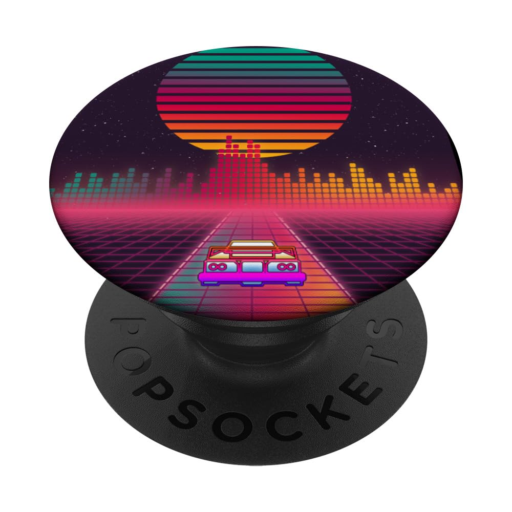 Retro 80s Cyberpunk Synthwave Sunset fast car in Outrun grid PopSockets Adhesive PopGrip
