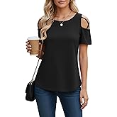 NILOUFO Cold Shoulder Tops for Women Short Sleeve T Shirts Summer Dressy Casual Blouses Strappy Tunics Loose Fit Soft