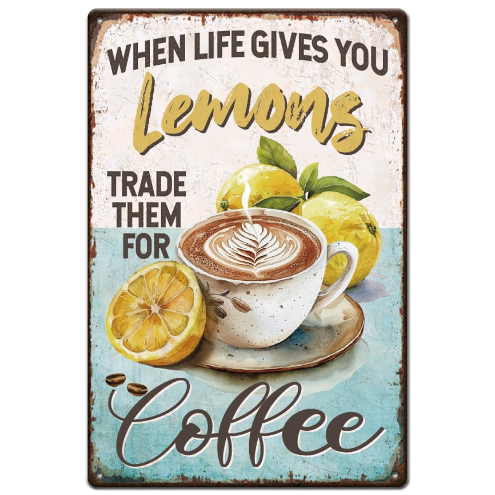 SUPERDANT Lemon Coffee Metal Signs Drinking Tin Sign Funny Signs and Plaque Iron Poster Art for Kitchen Pubs Coffee Vintage Decor Housewarming Gifts
