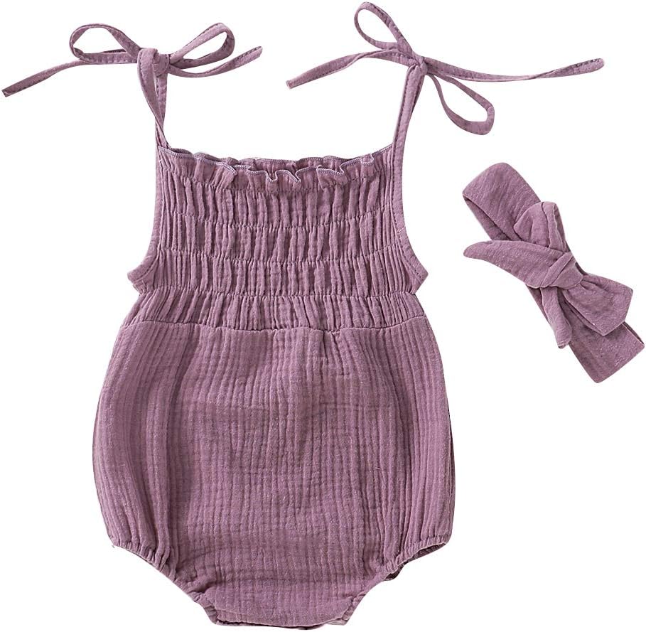 Willow Dance Baby Girls Summer Basic Romper Sling Backless Cotton Linen Jumpsuit Outfits with Headband