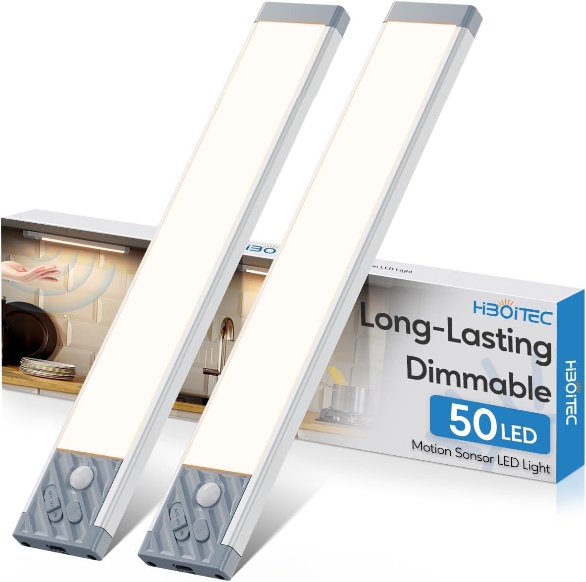 HIBOITEC Under Cabinet Kitchen Lights, Dimmable Motion Sensor Lights Indoor -Ultra Bright Wardrobe Lamp, USB-C Rechargeable, Magnetic ＆ Hanging Design, 25.5 cm, Warm White