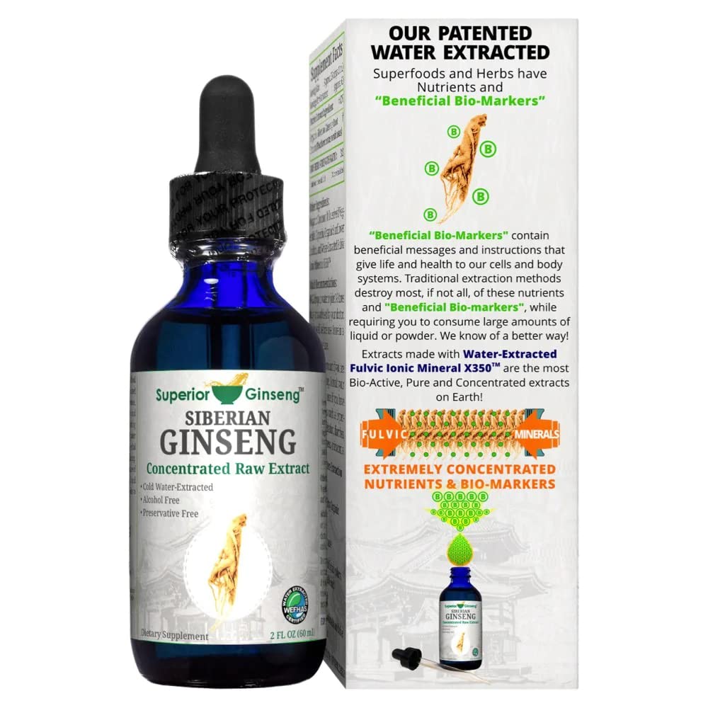 Siberian Ginseng Root Extract - Organic Ingredients & Alcohol Free - 2oz - Patented Cold Fulvic Mineral Water Extracted - Adaptogen - Immune Support for People & Pets