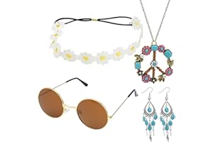 LEBKFT Hippie Women Accessories Set 4Pcs 70s Fancy Dress for Women Including Vintage Hippie Glasses Flower Crown Headband Pea