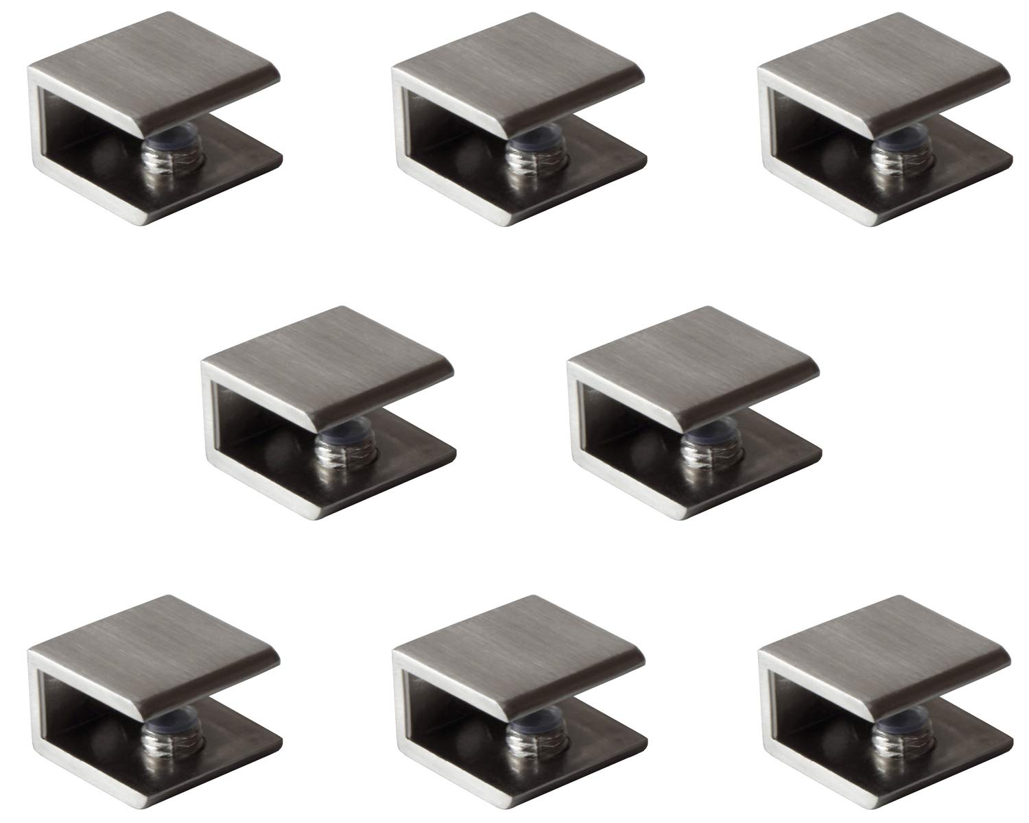Glass Clamps, Set of 8, Shelf Holders, Glass Shelf Supports, Brushed Nickel Square Shape, Adjustable for Panel Thickness 8-12 mm, Glass and Wooden Floors, Wall Mounting