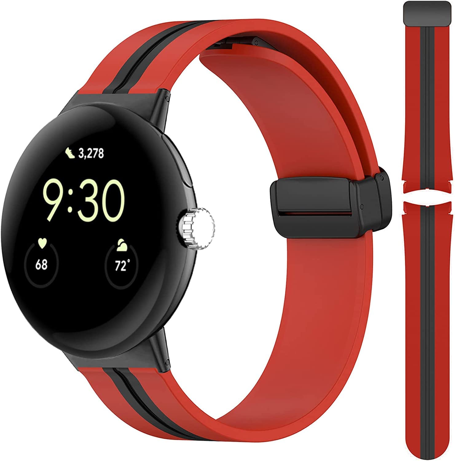 Miimall Strap for Google Pixel Watch 2/ Pixel Watch, [No Gap] [Magnetic Folding Buckle] Soft Silicone Sports Band Lightweight Waterproof Replacement Wristband Strap for Pixel Watch (Red+Black)