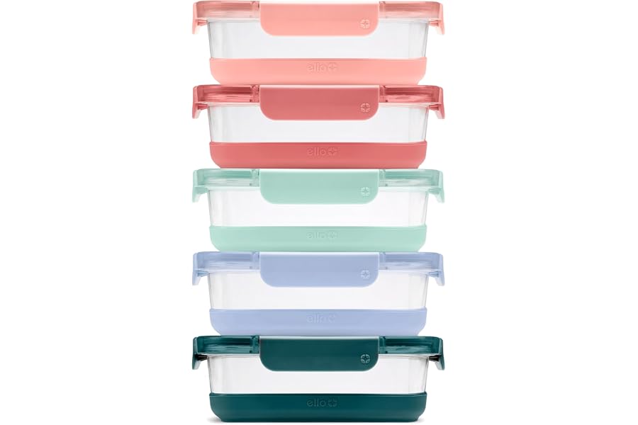 Ello Duraglass Refresh 3.4 Cup Meal Prep Sets 10Pc, 5 Pack Set- Glass Food Storage Container with Silicone Boot and Airtight BPA-Free Plastic Lids, Dishwasher, Microwave and Freezer Safe, Melon