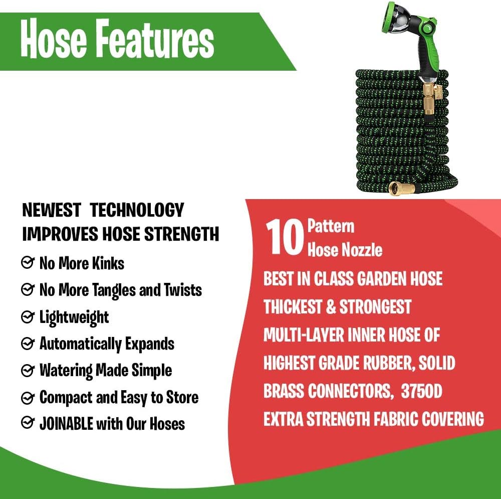 GreenFriendlyHome Garden Hose Expandable Hose - Flexible Water Hose Expanding | Strongest Hose Fabric + Multi Latex Core | Solid Brass Fittings Metal Nozzle (50FT) : Garden & Outdoor
