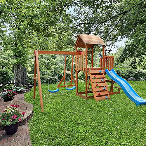 ALEKO Ultimate Swingset with Canopy, Slide, Climbing Wall, and Monkey