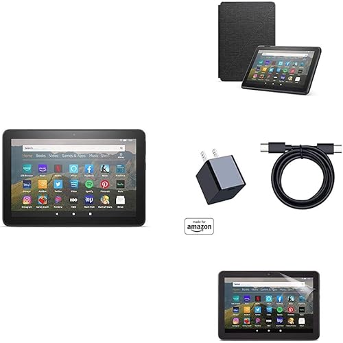 Fire HD 8 Essentials Bundle including Fire HD 8 Tablet (Black, 64GB) Ad-Supported, Amazon Standing Case (Charcoal Black), and Nupro Anti-Glare Screen Protector, and 15W fast charger