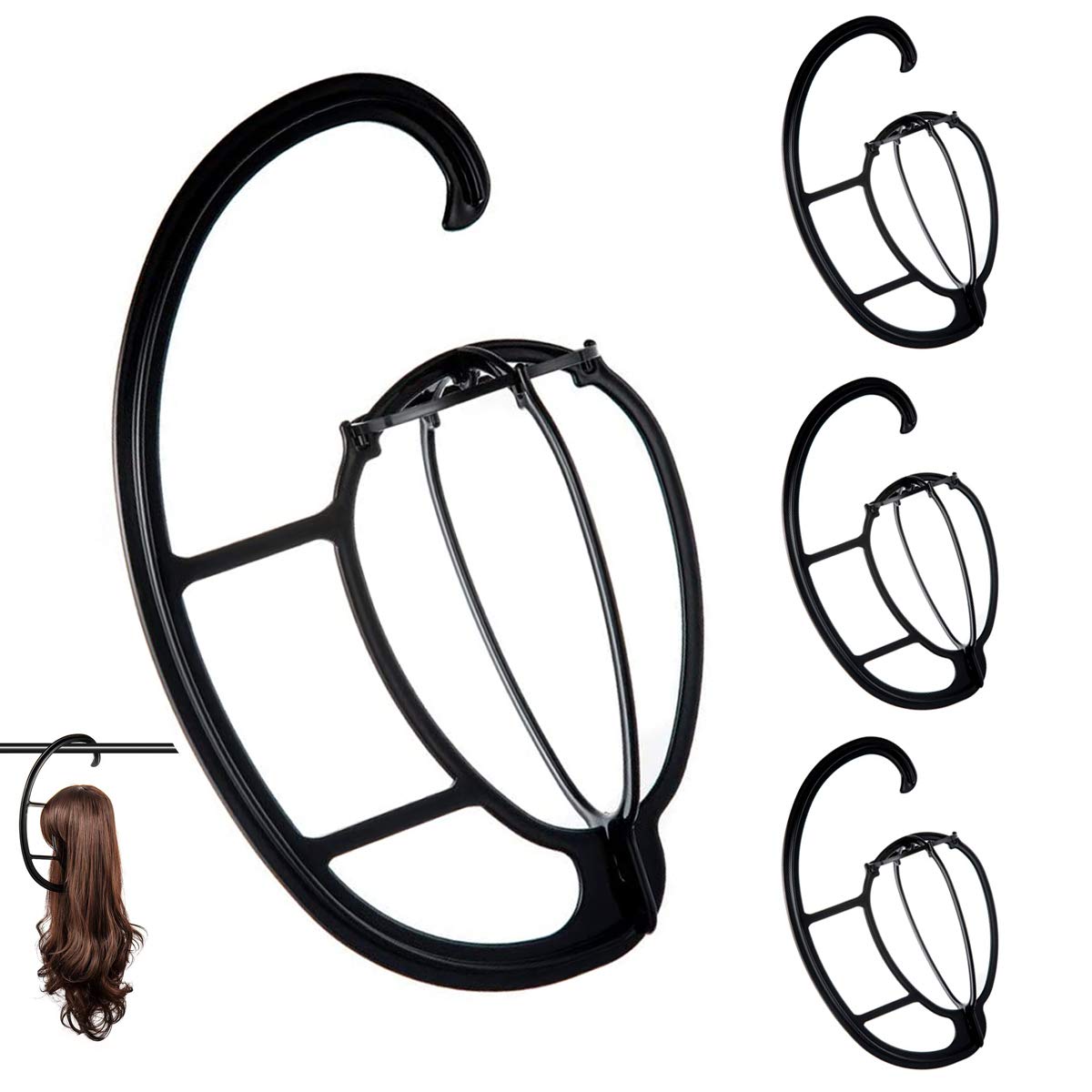 Dreamlover Portable Wig Hangers, Wig Holder Head for Long Hair, Hanging Stands, Cap Display Holders, Black, 4 Sets