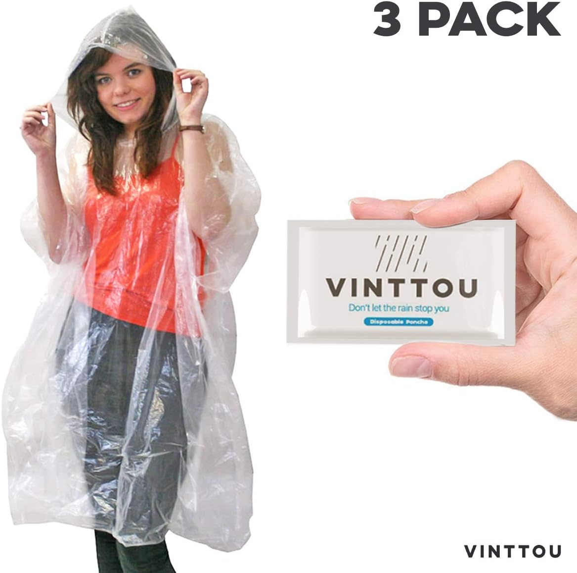 Vinttou Rain Ponchos for Adults Disposable (3 pack) - Thick Clear Plastic Emergency Waterproof Poncho with hood for Disney, Travel, Hiking, Camping, Sports Events and Rainy Outdoors