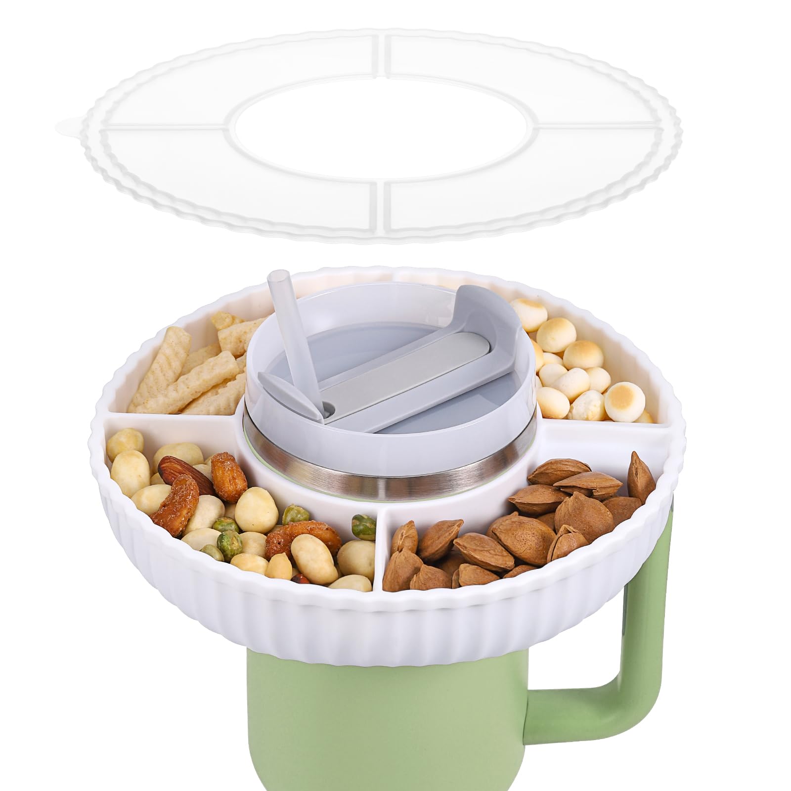 Kssvzz Snack Tray Compatible with Stanley Cup 40oz, Silicone Snack Bowl with Lid, Reusable Stanley Cup Accessories with 4 Compartments for Candy, Popcorn, Fits Car, Movie Theater (White)
