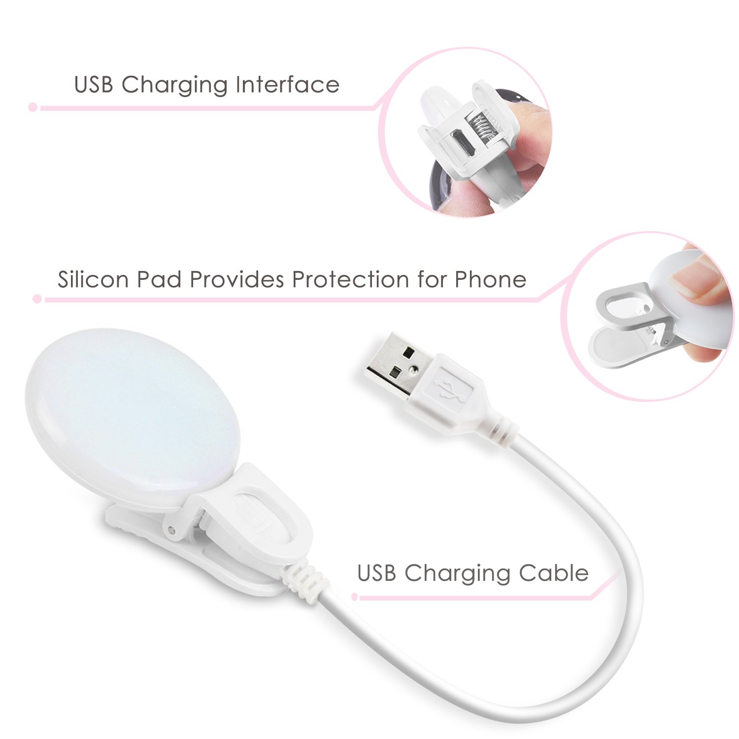 Selfie Ring Light, Clip-on Selfie Light with USB Charging Cable, Warm and Cold LEDs, for Smartphone Tablet Laptop-White (White)