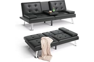 LINSY HOME Convertible Futon, Faux Lether Futon Couch Bed, Comfy Modern Black Futon Bed, Folding Recliner Sleeper Sofa with Adjustable Backrest, for Small Rooms, RV, Guest Room, Black