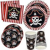 Pirate Party Supplies Tableware Set 24 9" Plates 24 7" Plate 24 9 Oz Cups 50 Luncheon Napkins For Pirate Crossbone Skull Bandana Kids Disposable Dinnerware Girl Boy Birthday Party Decor Gift Boutique
