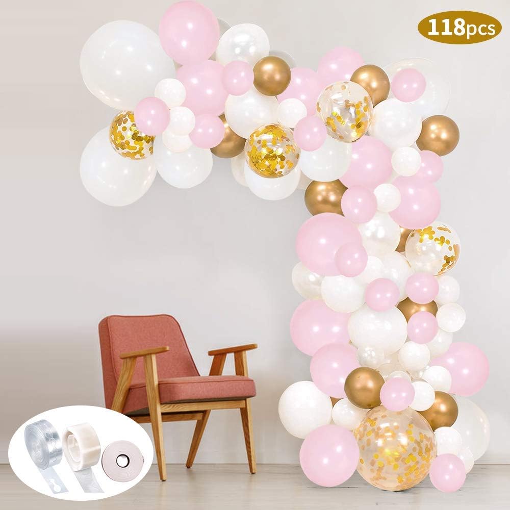 Balloon Garland Kit White & Pink & Orange Rose Gold 110 Pcs Latex Balloons Arch Garland Pack for Baby Shower Bridal Shower Birthday Party Anniversary Graduation Centerpiece Backdrop Decorations