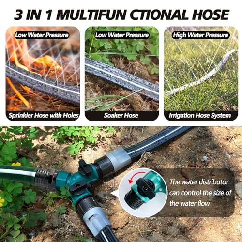 Apgooface Sprinkler Hose with Holes, Flat Soaker Hose 100 Ft (25 ft 4pack) with Garden Staples and Splitters, Watering Drip Irrigation Hoses for Lawn, Vegetable and Garden Beds (100 ft)