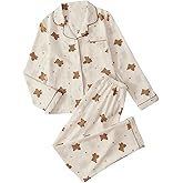BEAUDRM Women's 2 Piece Pj Set Cherry Print Pajama Long Sleeve Button Up Collar Tops and Pants Nightwear Sleepwear Lounge Set