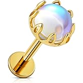 FINE4U 1PC 16G ASTM F136 Titanium Moonstone Cartilage Earring with 6mm 8mm Post for Conch Helix Tragus Flat, Labret