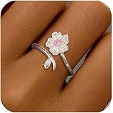 SUYACS S925 Sterling Silver Cherry Blossom Flower Rings for Women Lucky Pink Birthstone Leaf Adjustable Ring Cute Sweet CZ Crystal Open Engagement Statement Promise Ring Birthday Jewelry for Her
