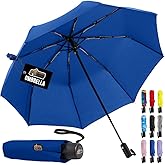 GORILLA GRIP Strong Windproof Stick Compact Umbrella for Rain, One-Click Automatic Open and Close, Durable Quick Dry Waterproof Material, Lightweight and Portable, Travel Size Fits Backpack, Navy